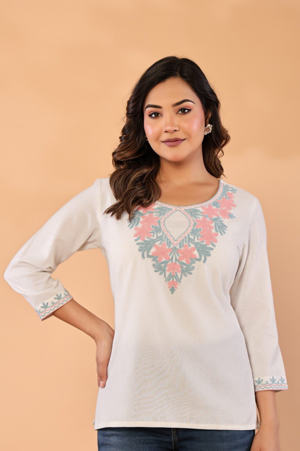 Ivory Petals – Cotton Flex Floral Embroidered Top