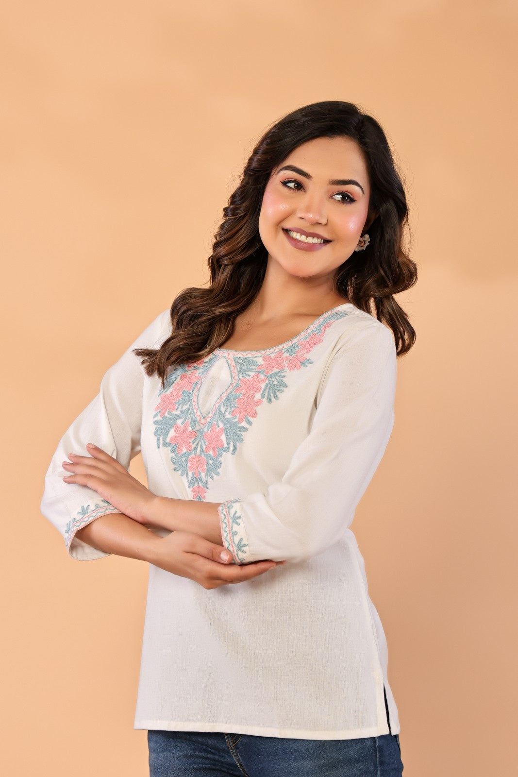 Ivory Petals – Cotton Flex Floral Embroidered Top