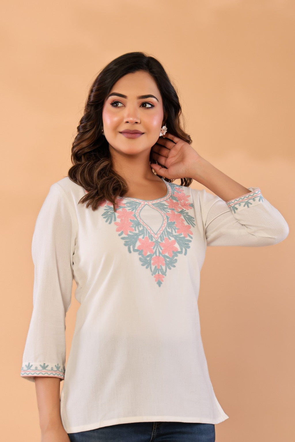 Ivory Petals – Cotton Flex Floral Embroidered Top