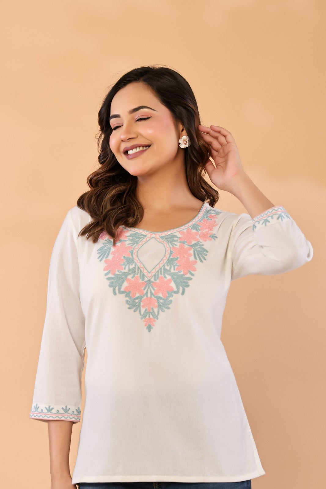 Ivory Petals – Cotton Flex Floral Embroidered Top