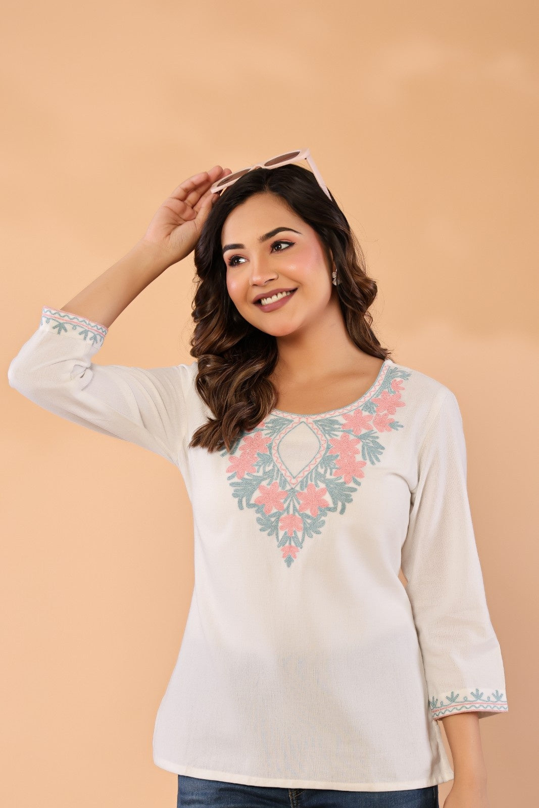 Ivory Petals – Cotton Flex Floral Embroidered Top