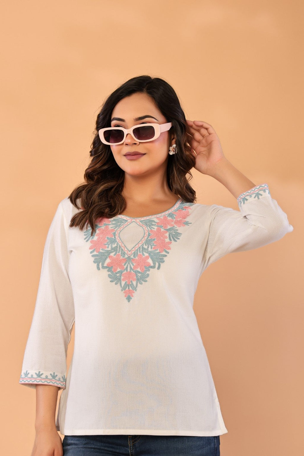 Ivory Petals – Cotton Flex Floral Embroidered Top