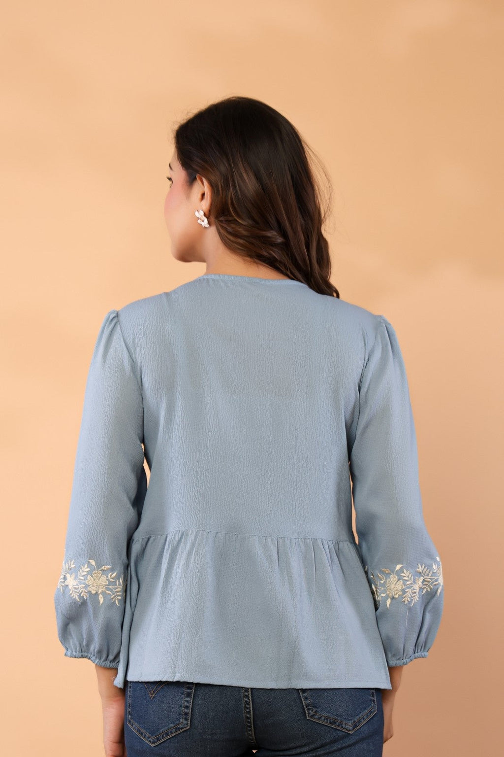 Celeste Bloom – Premium Crape Embroidered V-Neck Top