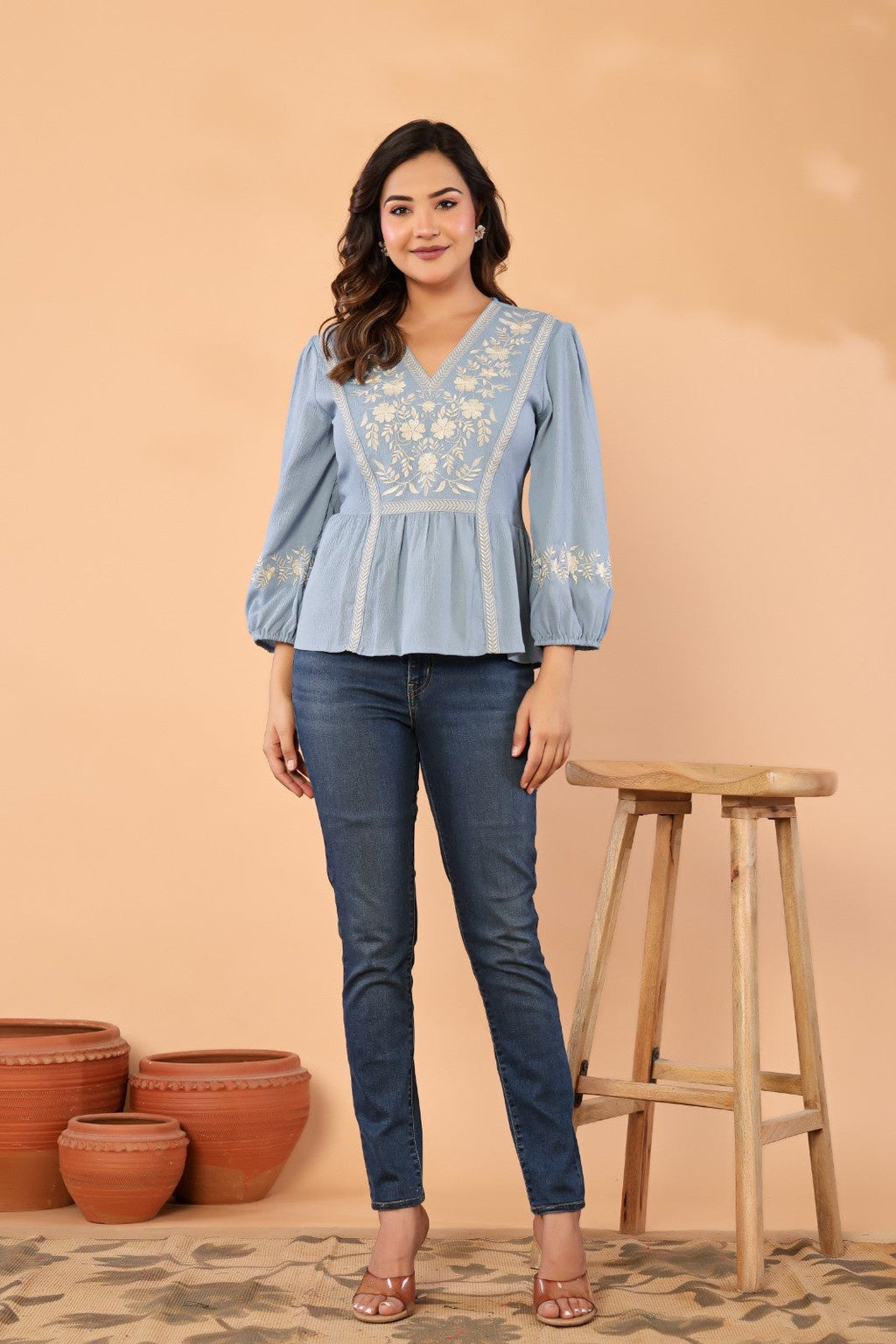 Celeste Bloom – Premium Crape Embroidered V-Neck Top