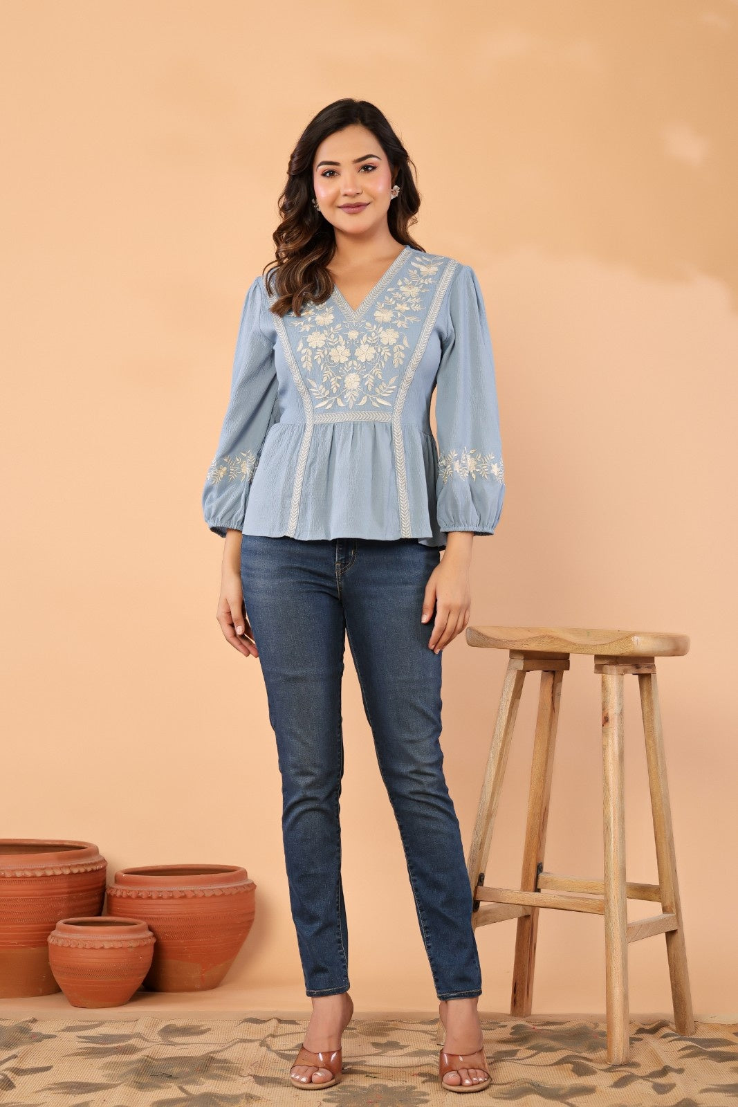 Celeste Bloom – Premium Crape Embroidered V-Neck Top