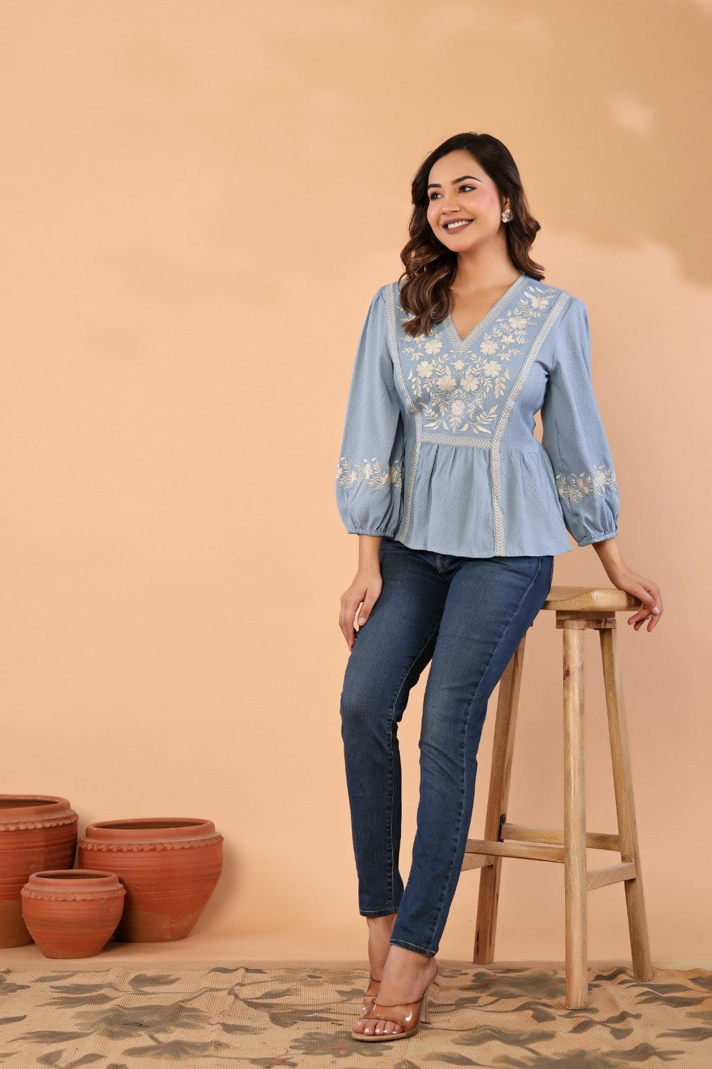 Celeste Bloom – Premium Crape Embroidered V-Neck Top