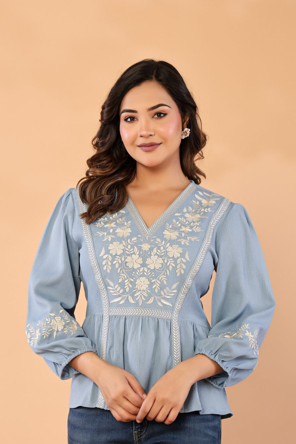Celeste Bloom – Premium Crape Embroidered V-Neck Top