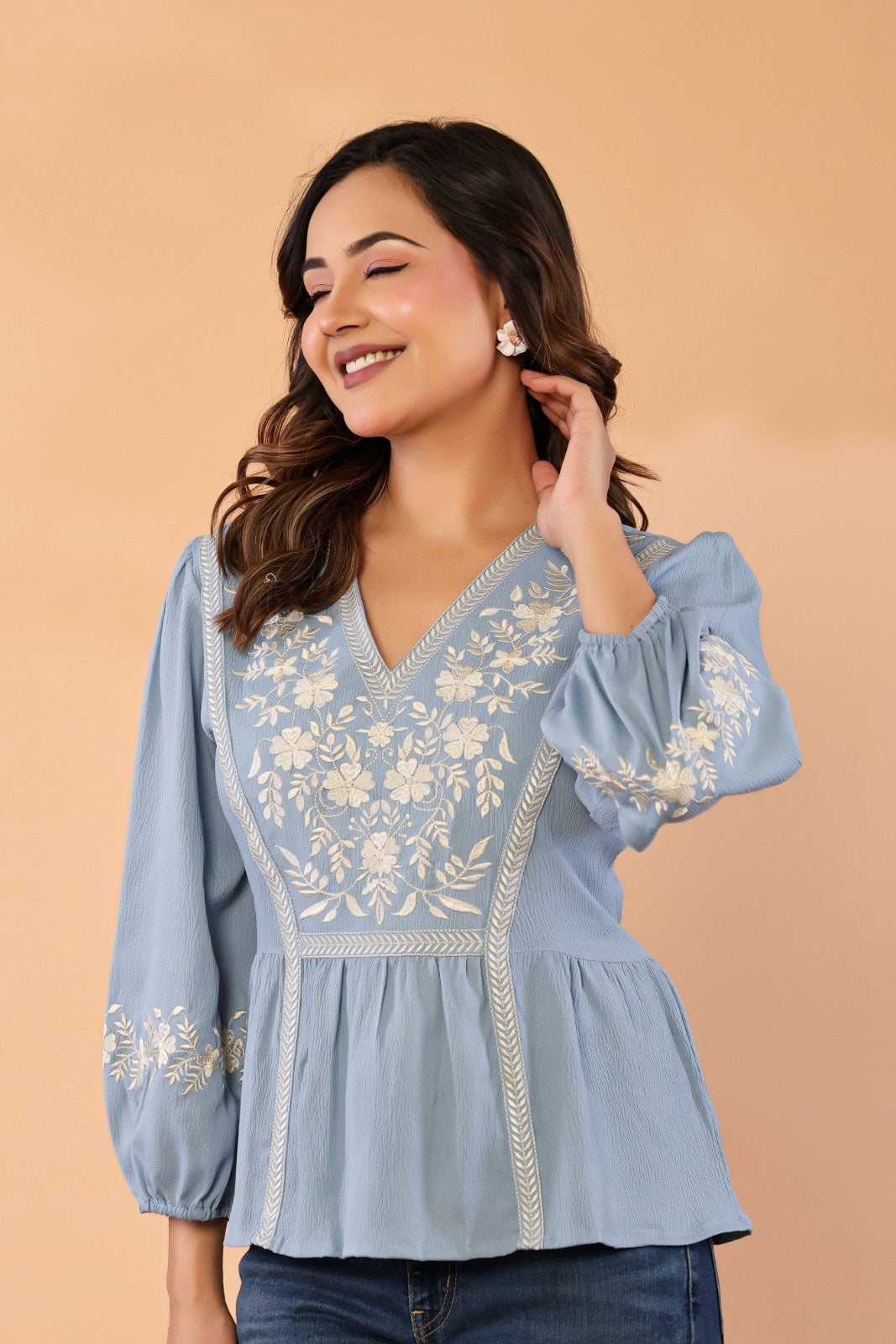 Celeste Bloom – Premium Crape Embroidered V-Neck Top