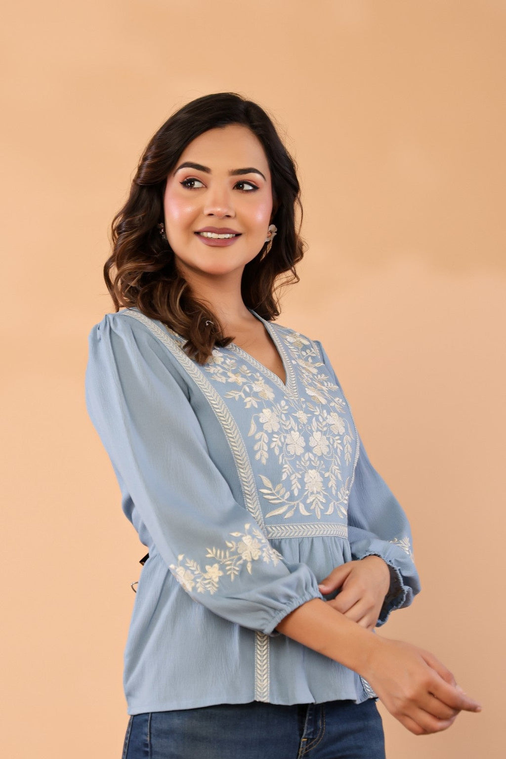 Celeste Bloom – Premium Crape Embroidered V-Neck Top