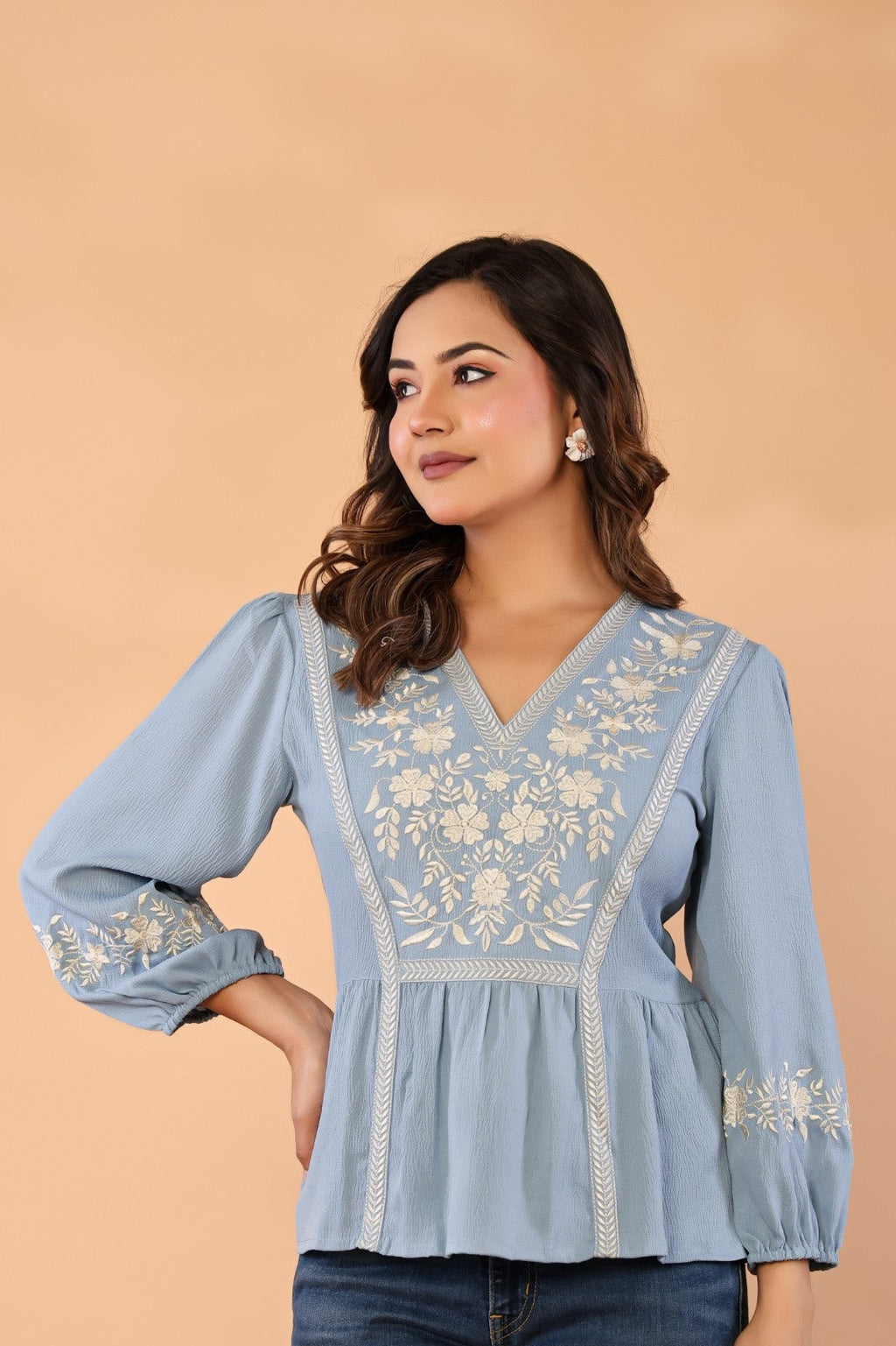 Celeste Bloom – Premium Crape Embroidered V-Neck Top