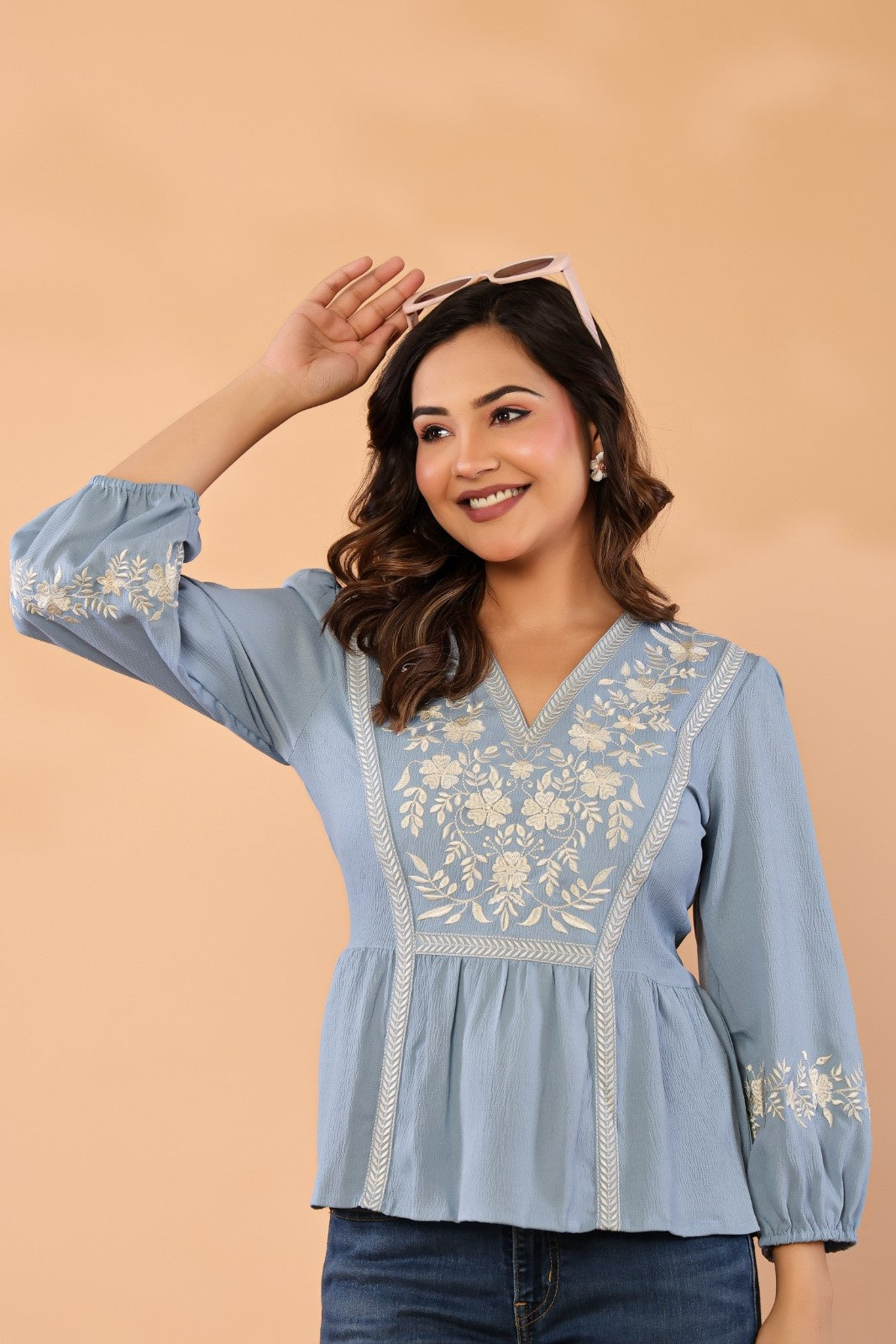 Celeste Bloom – Premium Crape Embroidered V-Neck Top