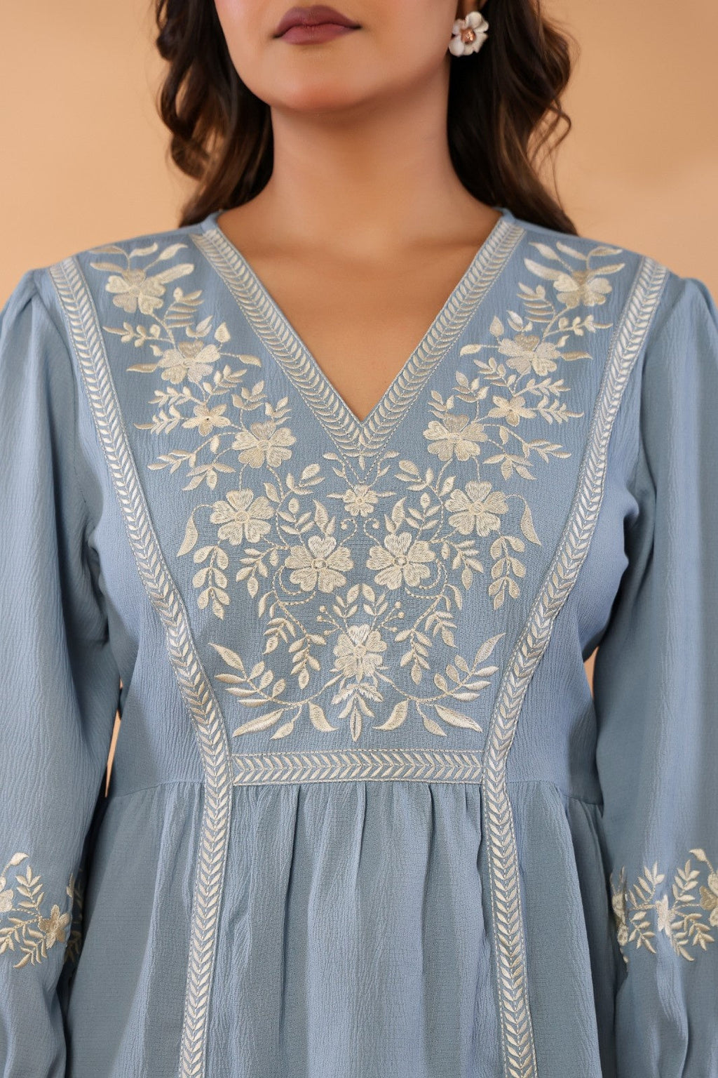 Celeste Bloom – Premium Crape Embroidered V-Neck Top