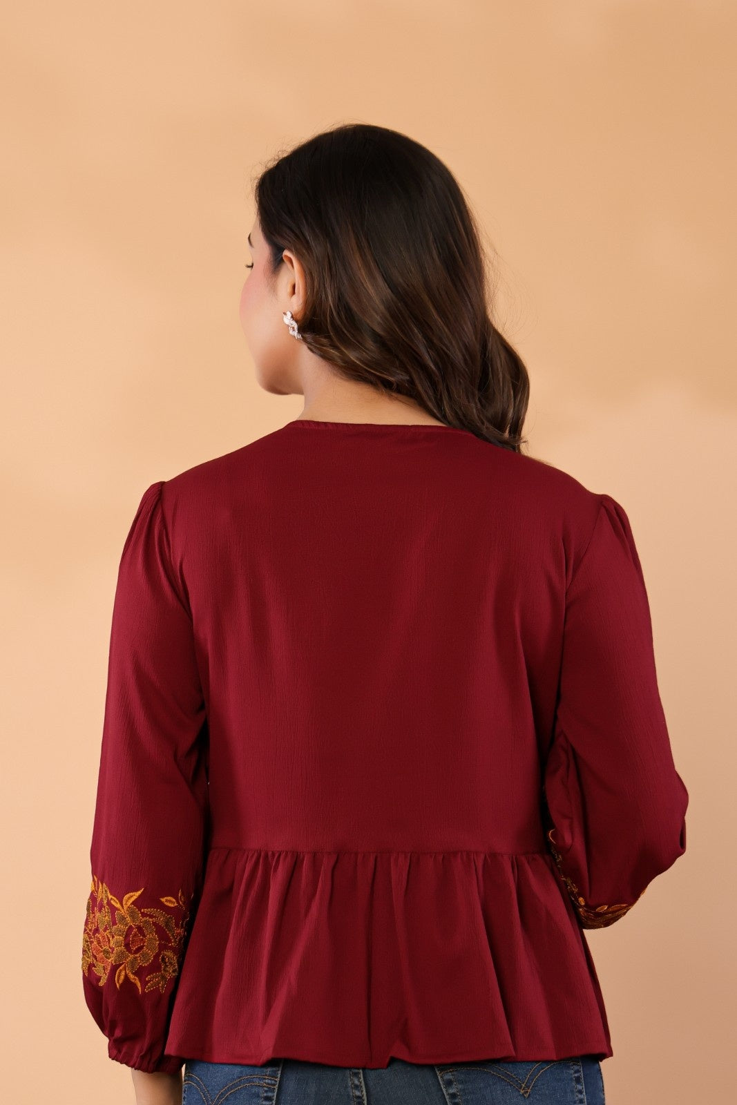 Women V-Neck Embroidered Western Top