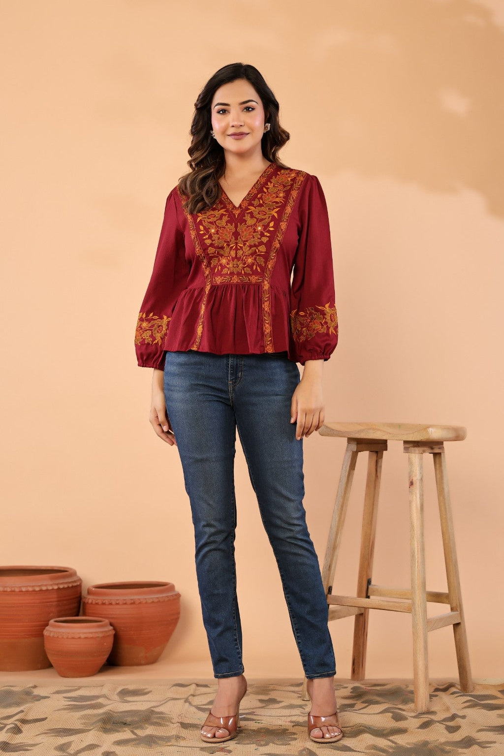 Women V-Neck Embroidered Western Top