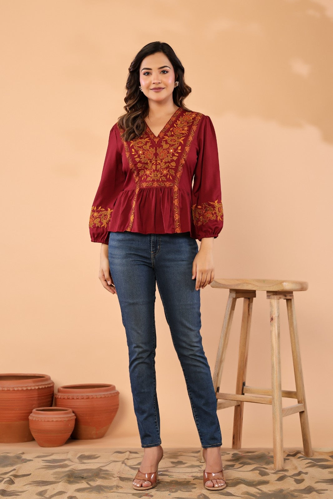Women V-Neck Embroidered Western Top
