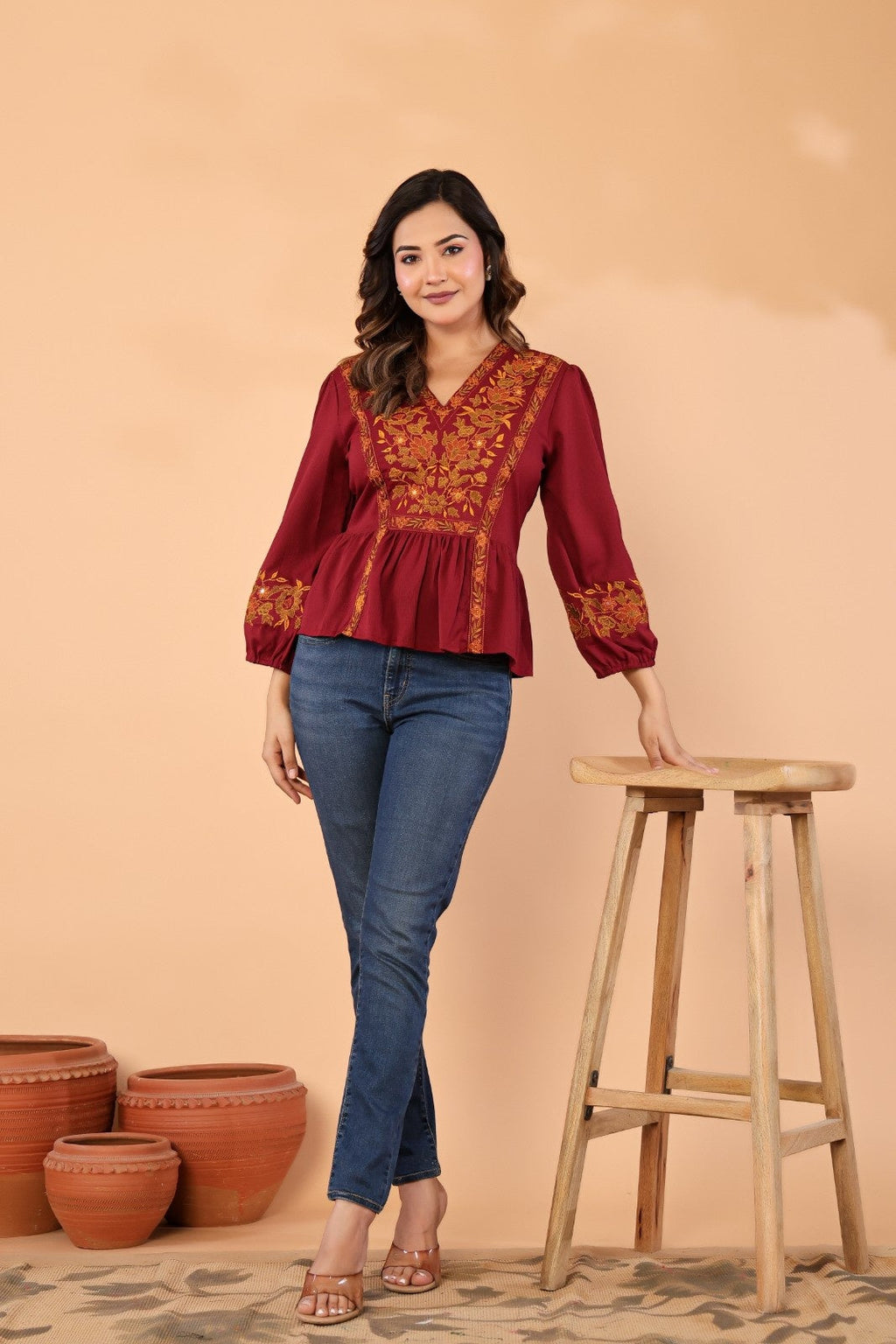 Women V-Neck Embroidered Western Top