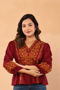 Women V-Neck Embroidered Western Top