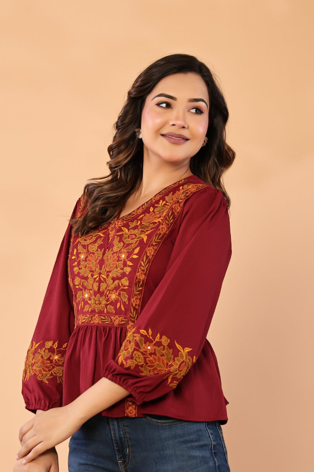 Women V-Neck Embroidered Western Top