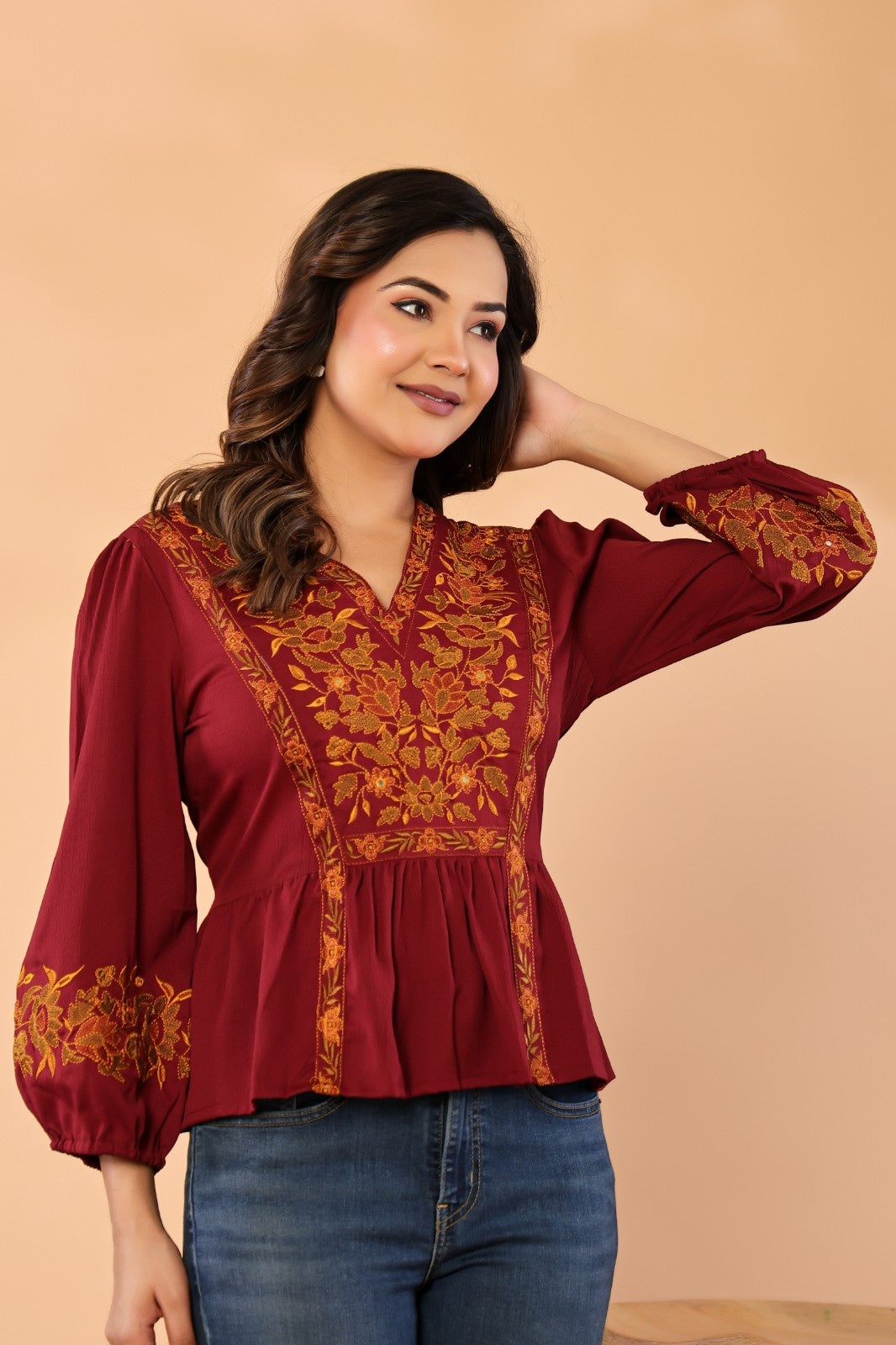 Women V-Neck Embroidered Western Top