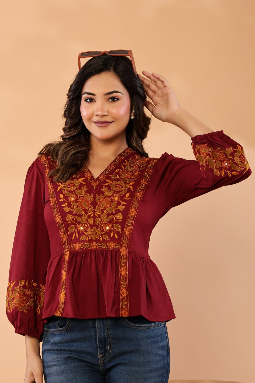 Women V-Neck Embroidered Western Top
