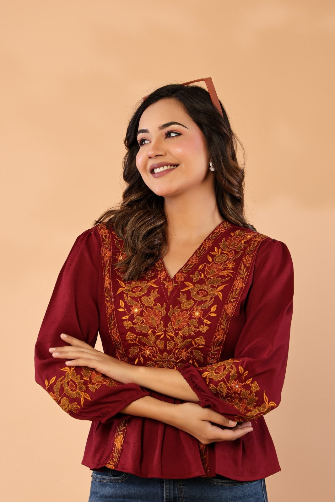 Women V-Neck Embroidered Western Top