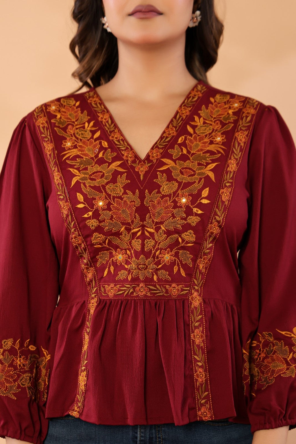 Women V-Neck Embroidered Western Top