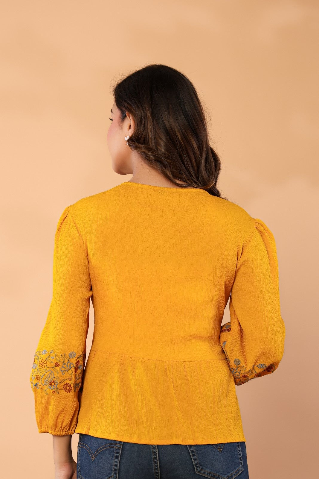 Women’s Mustard Embroidered Crape Top with V-Neck