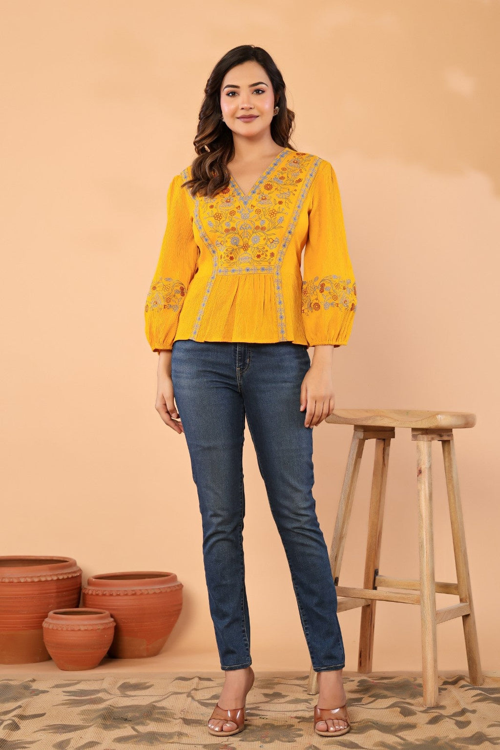 Women’s Mustard Embroidered Crape Top with V-Neck