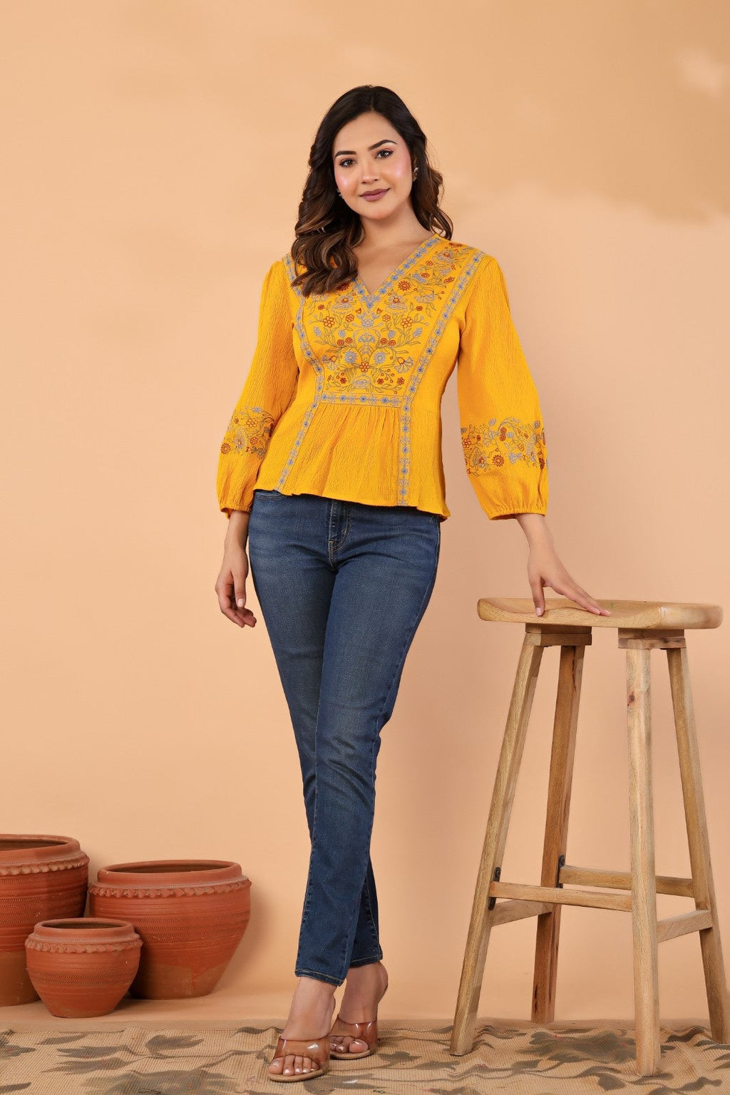Women’s Mustard Embroidered Crape Top with V-Neck