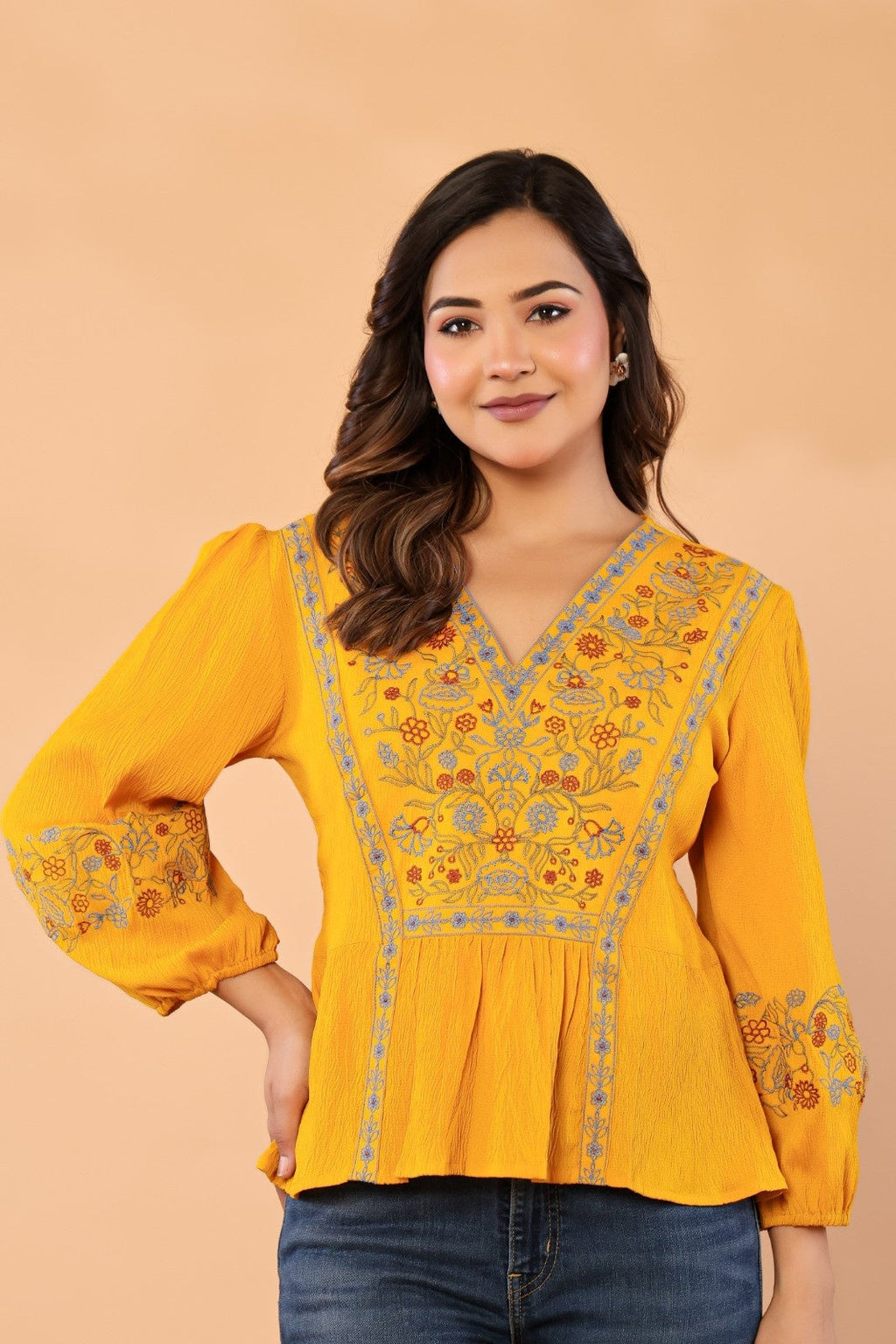 Women’s Mustard Embroidered Crape Top with V-Neck