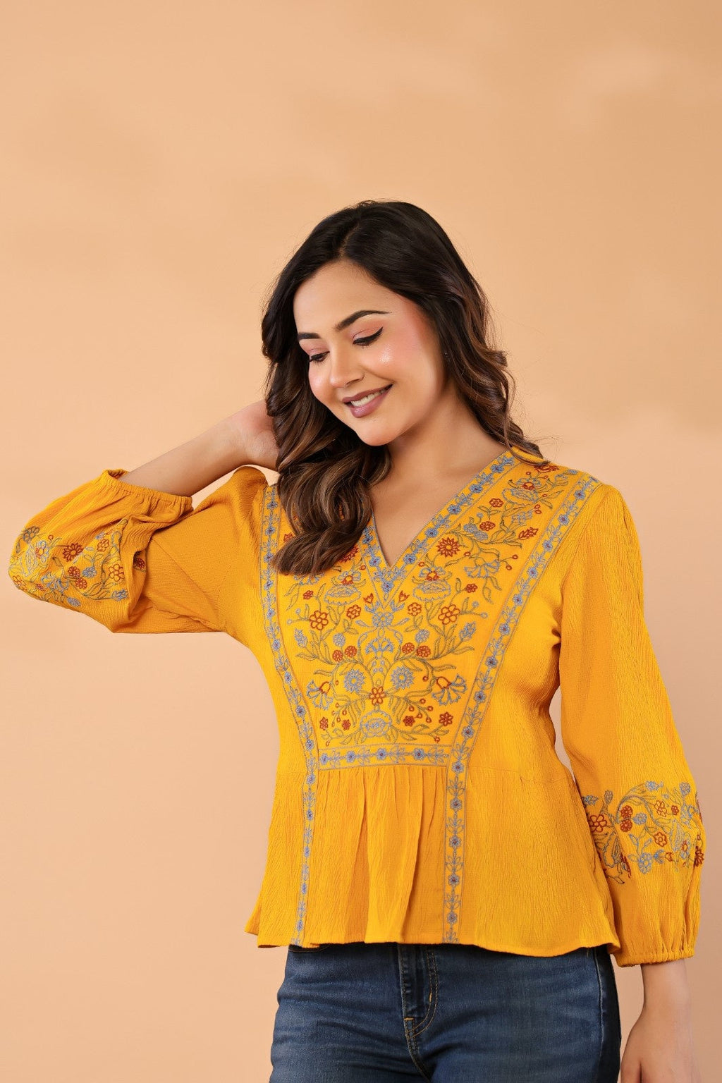 Women’s Mustard Embroidered Crape Top with V-Neck