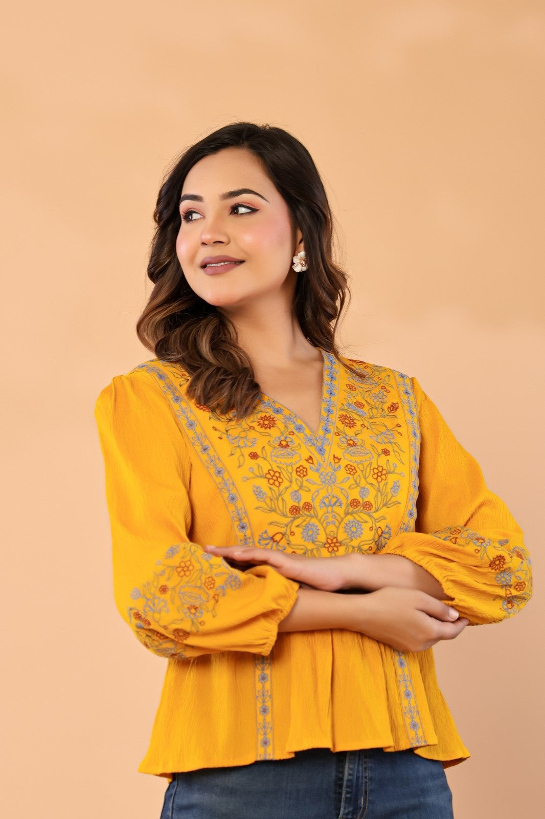 Women’s Mustard Embroidered Crape Top with V-Neck