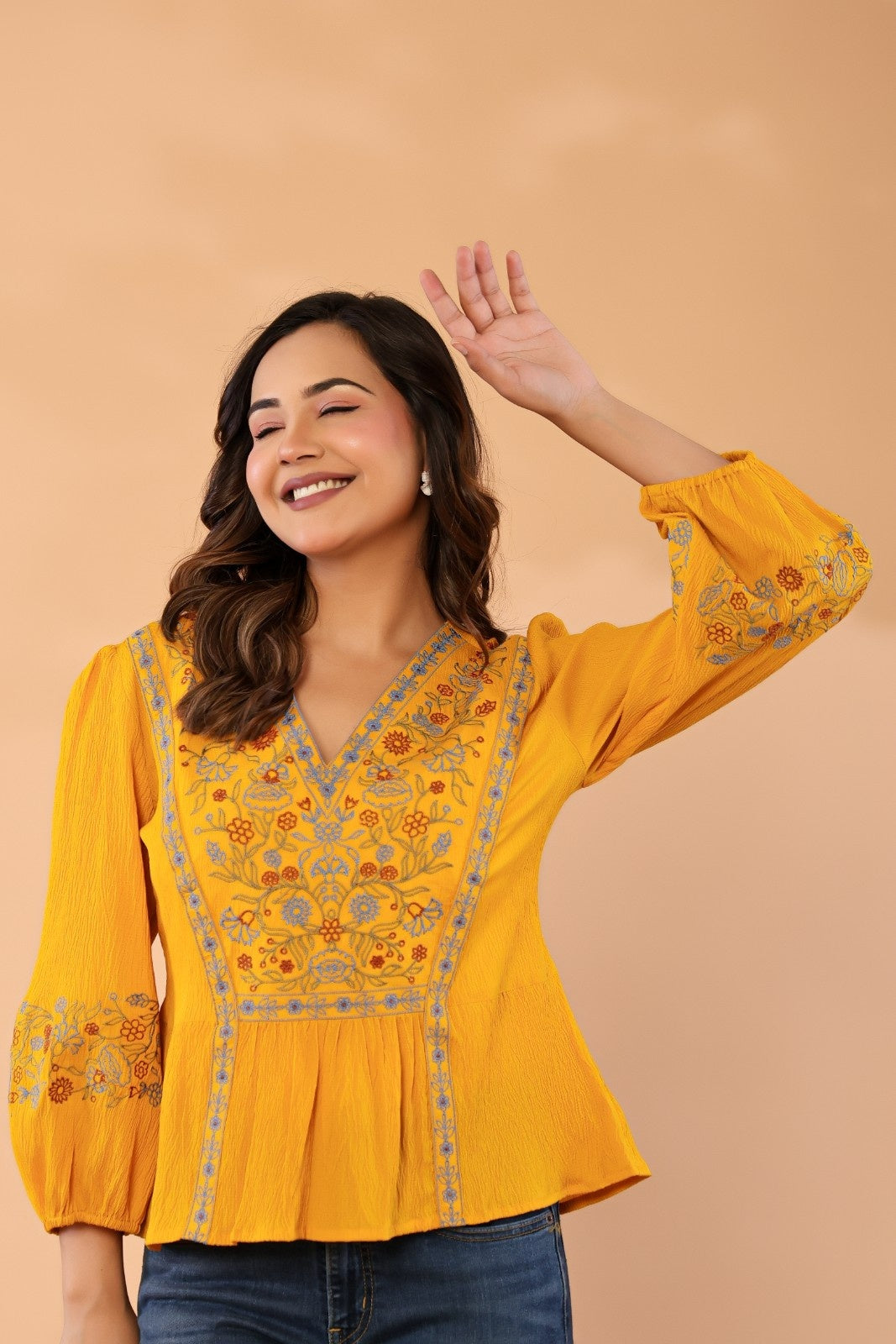 Women’s Mustard Embroidered Crape Top with V-Neck