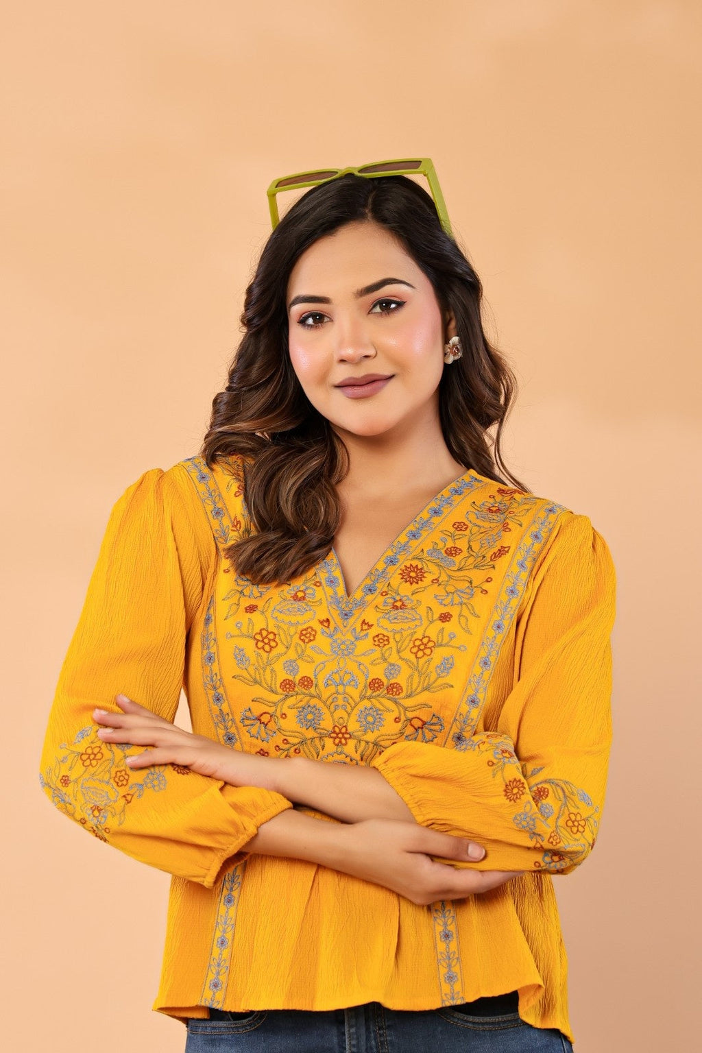 Women’s Mustard Embroidered Crape Top with V-Neck