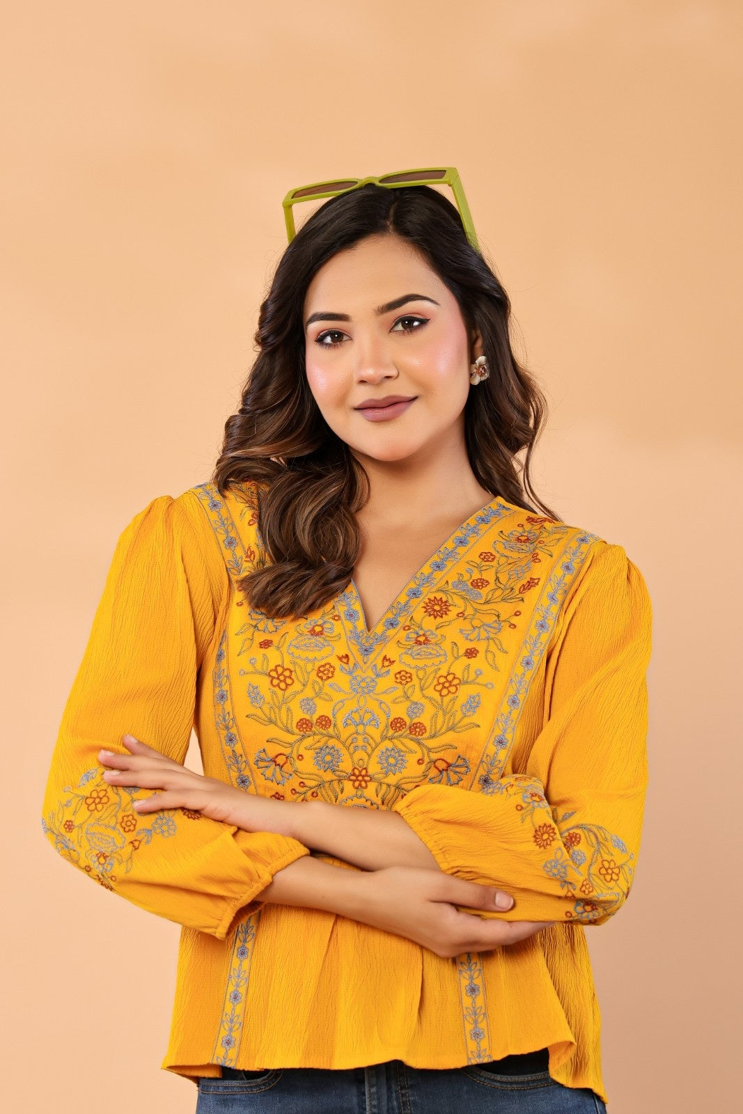 Women’s Mustard Embroidered Crape Top with V-Neck