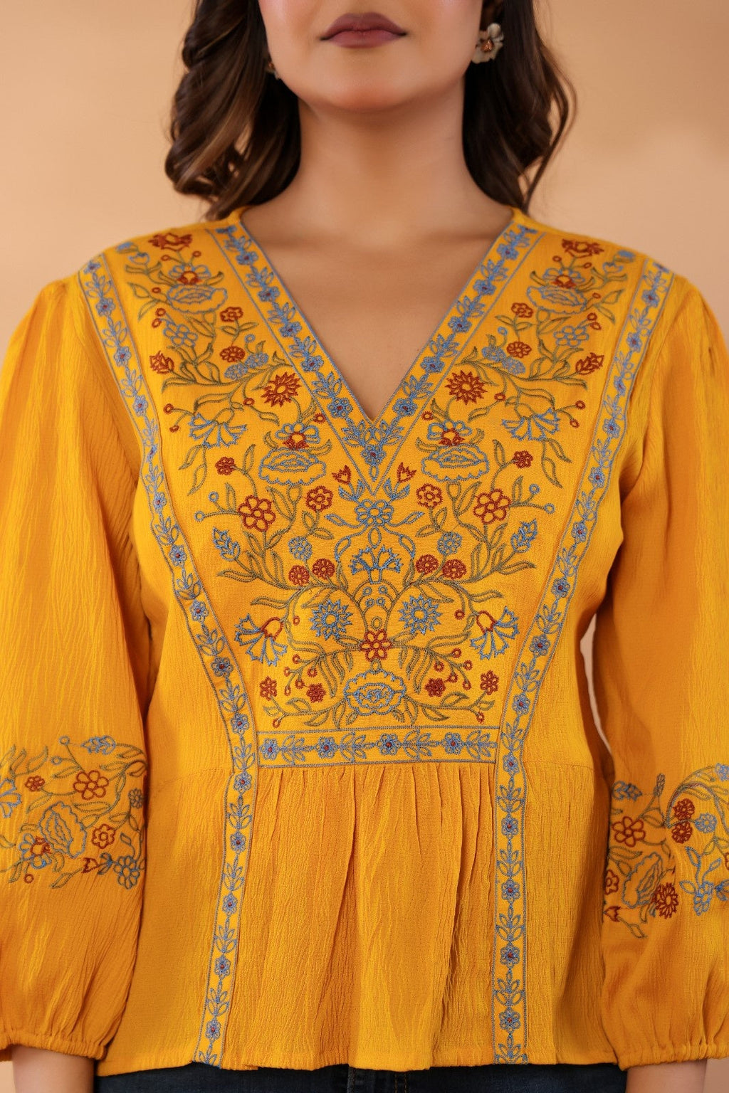 Women’s Mustard Embroidered Crape Top with V-Neck