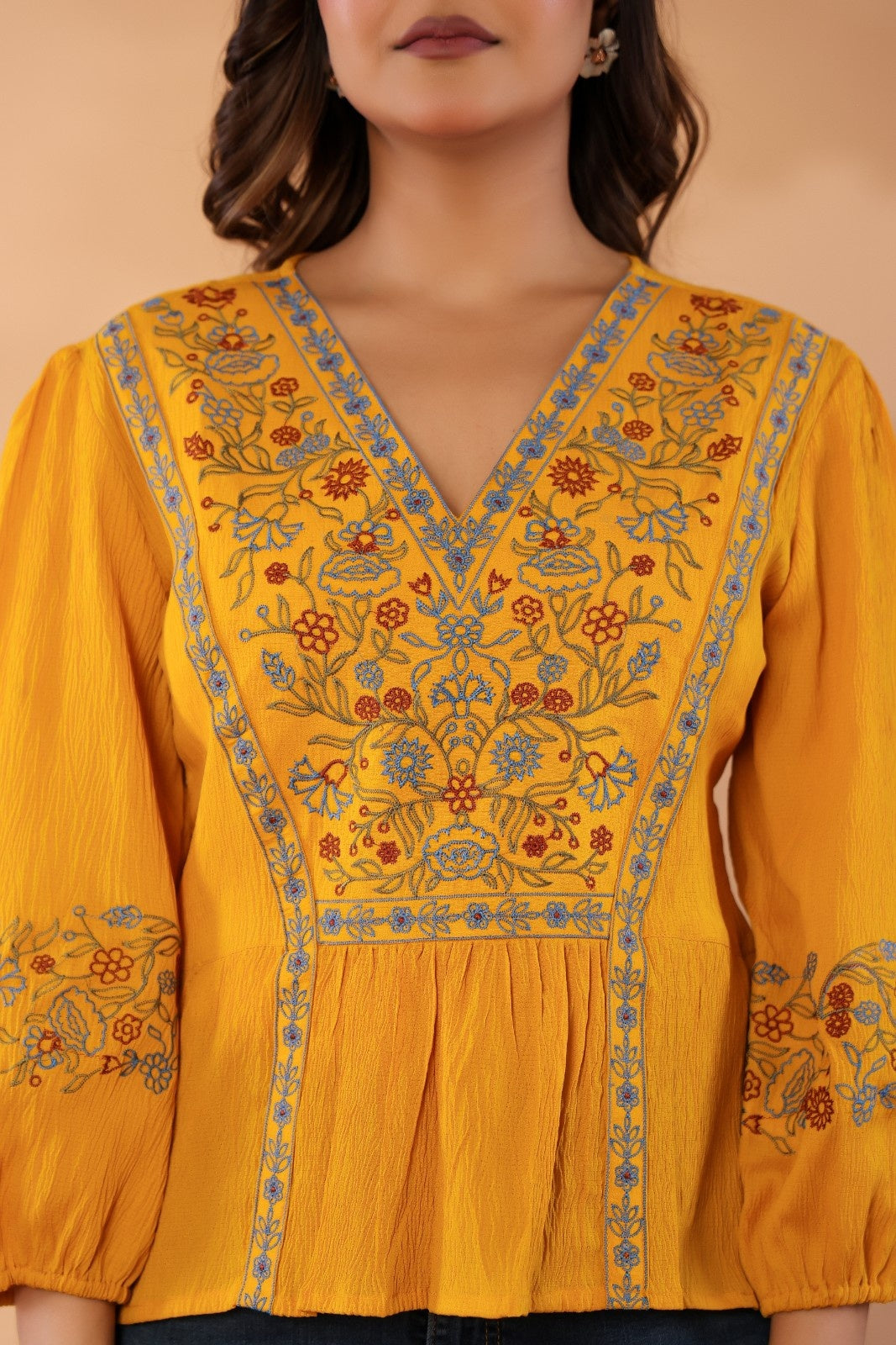 Women’s Mustard Embroidered Crape Top with V-Neck