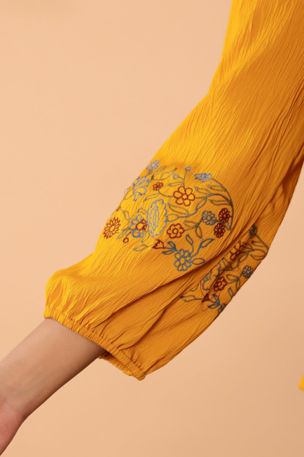 Women’s Mustard Embroidered Crape Top with V-Neck