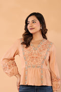 Women Peach Floral Embroidered Cotton Peplum Top