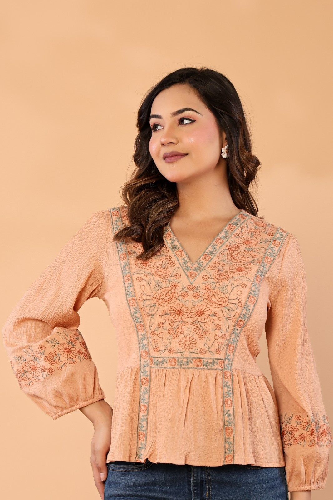 Women Peach Floral Embroidered Cotton Peplum Top
