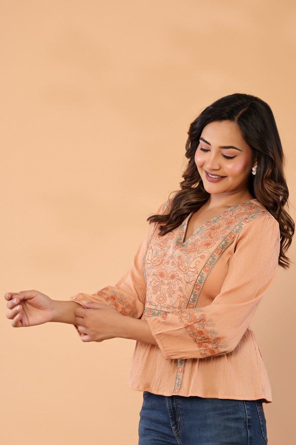 Women Peach Floral Embroidered Cotton Peplum Top