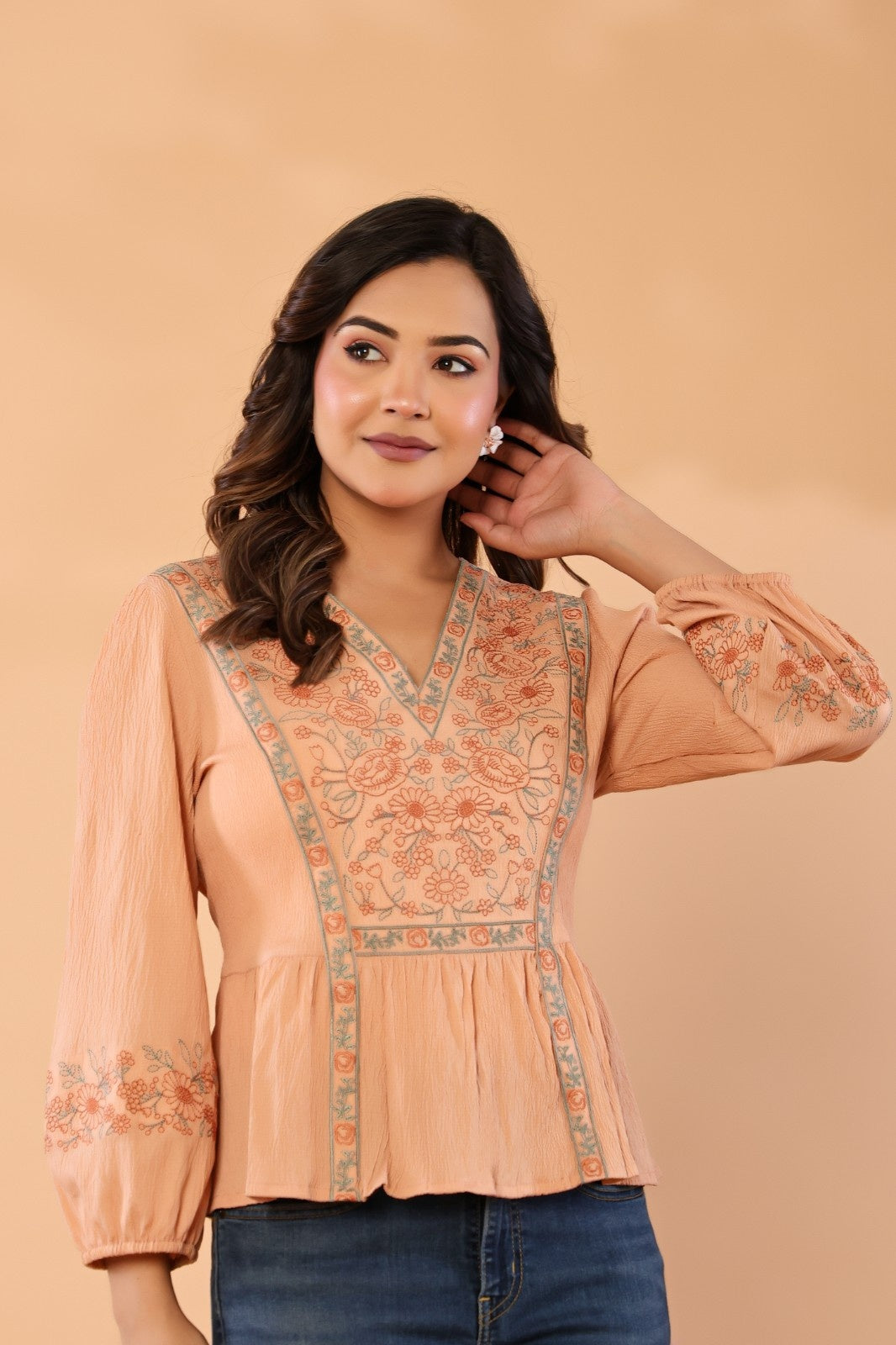 Women Peach Floral Embroidered Cotton Peplum Top