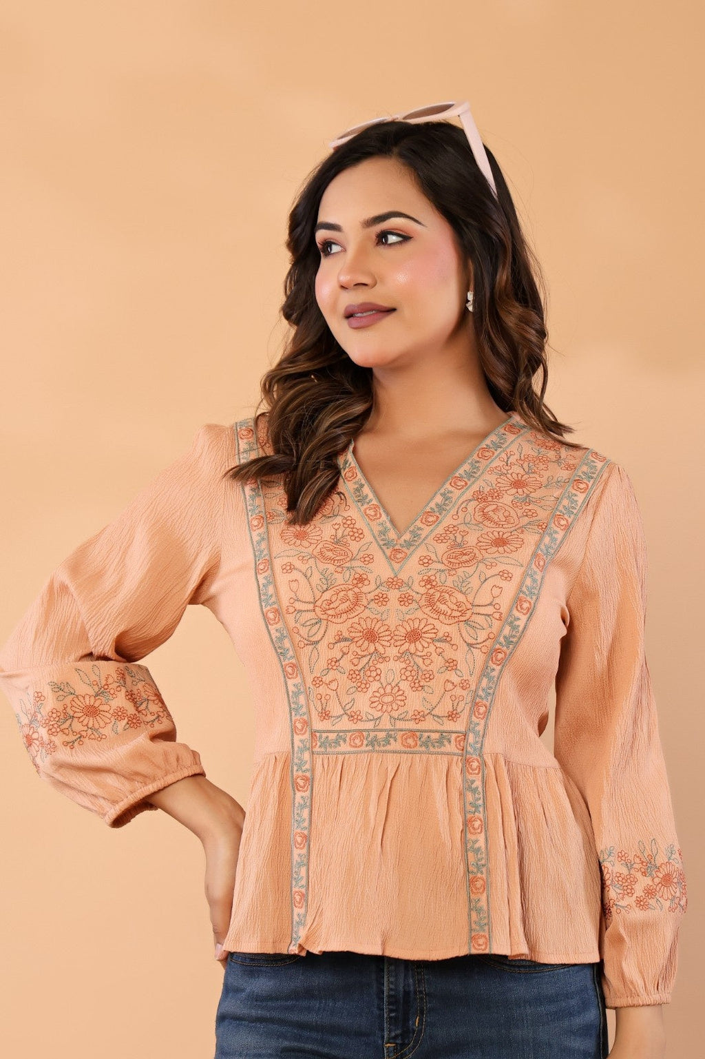 Women Peach Floral Embroidered Cotton Peplum Top