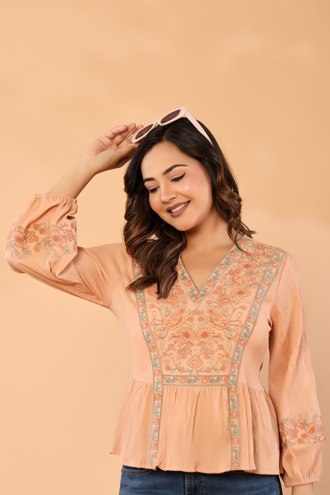 Women Peach Floral Embroidered Cotton Peplum Top