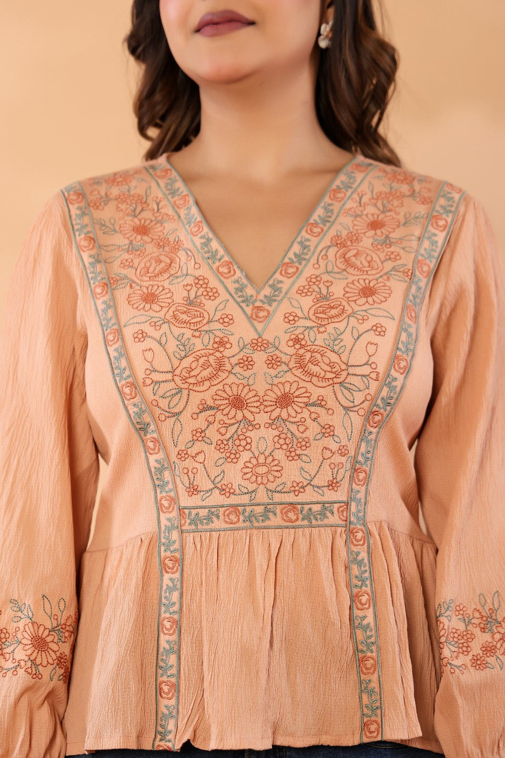 Women Peach Floral Embroidered Cotton Peplum Top