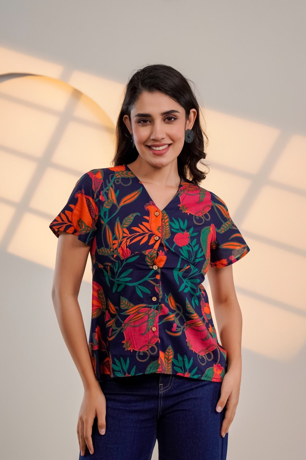 Midnight Bloom – Pure Cotton Floral Printed Top for Women