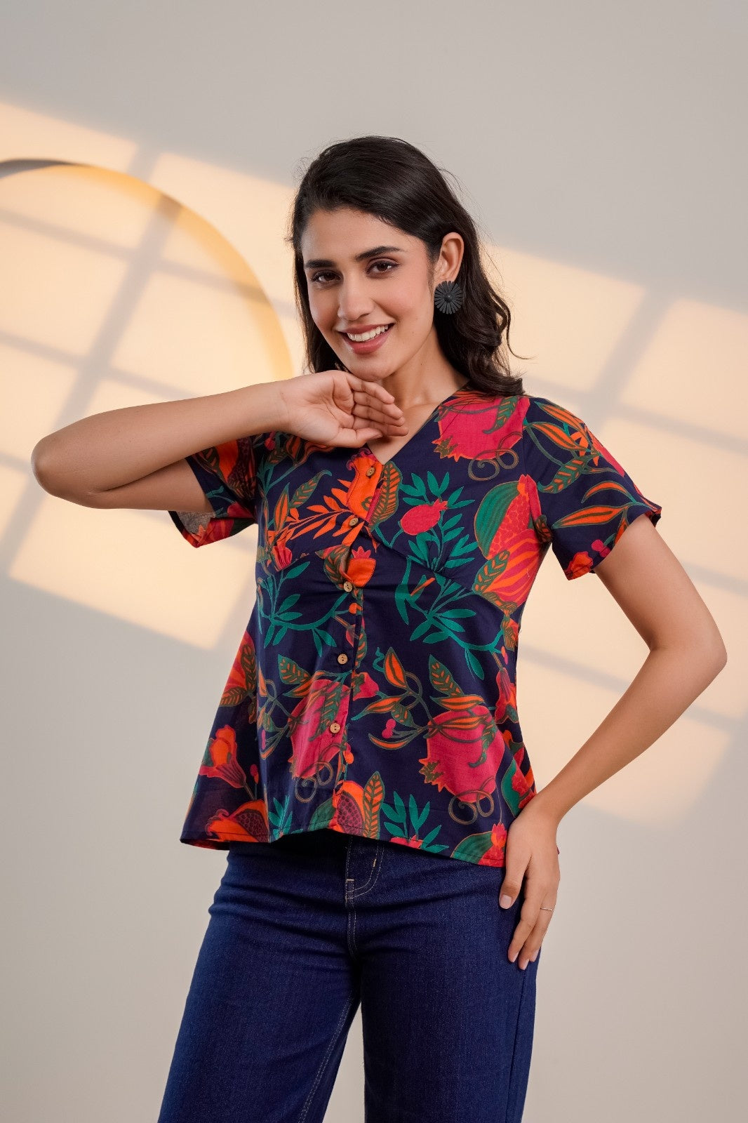 Midnight Bloom – Pure Cotton Floral Printed Top for Women