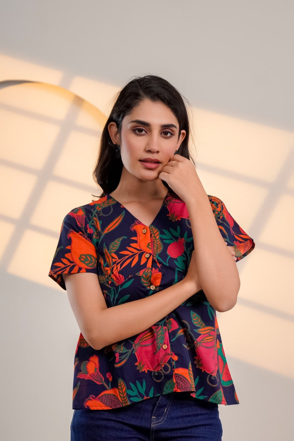 Midnight Bloom – Pure Cotton Floral Printed Top for Women