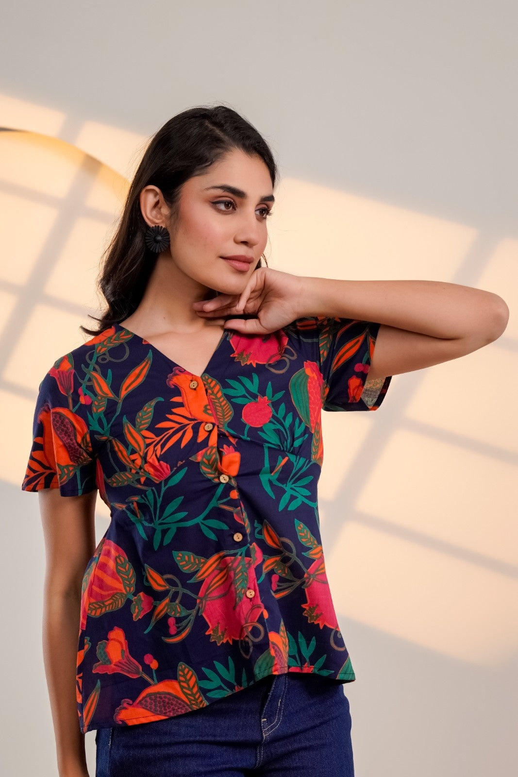 Midnight Bloom – Pure Cotton Floral Printed Top for Women