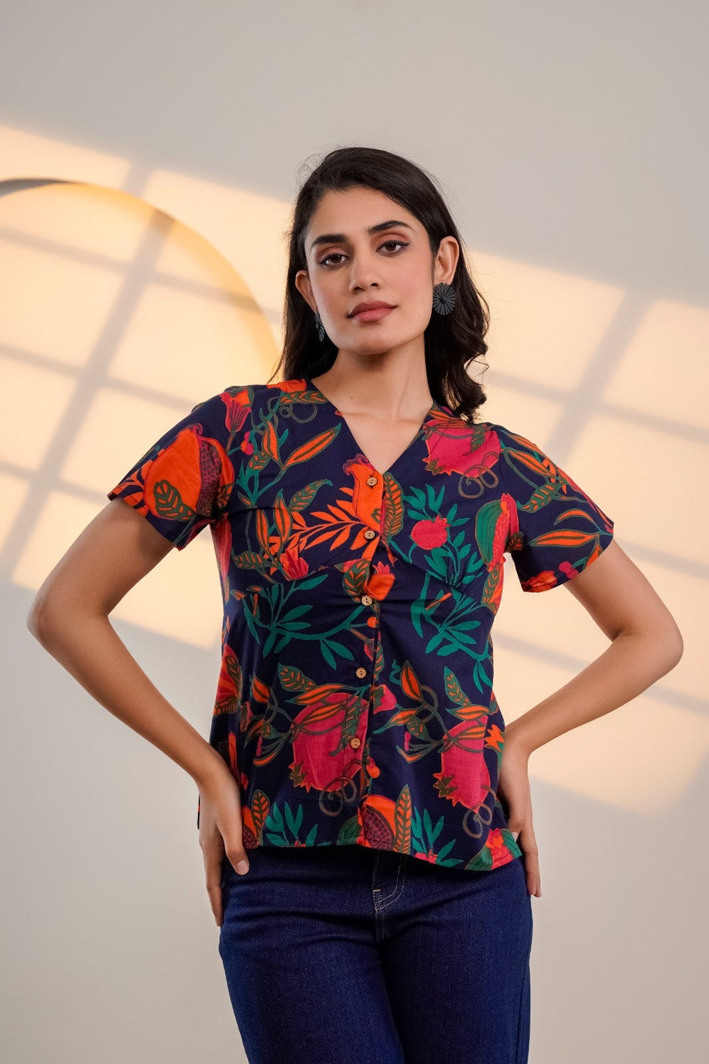 Midnight Bloom – Pure Cotton Floral Printed Top for Women